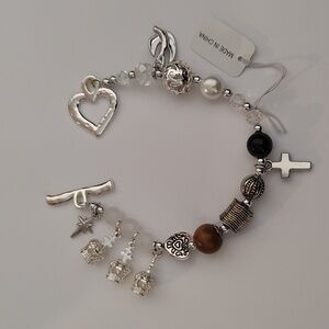 Faith-Inspired Charm Beaded Bracelet with Cross, Dove & Heart Toggle